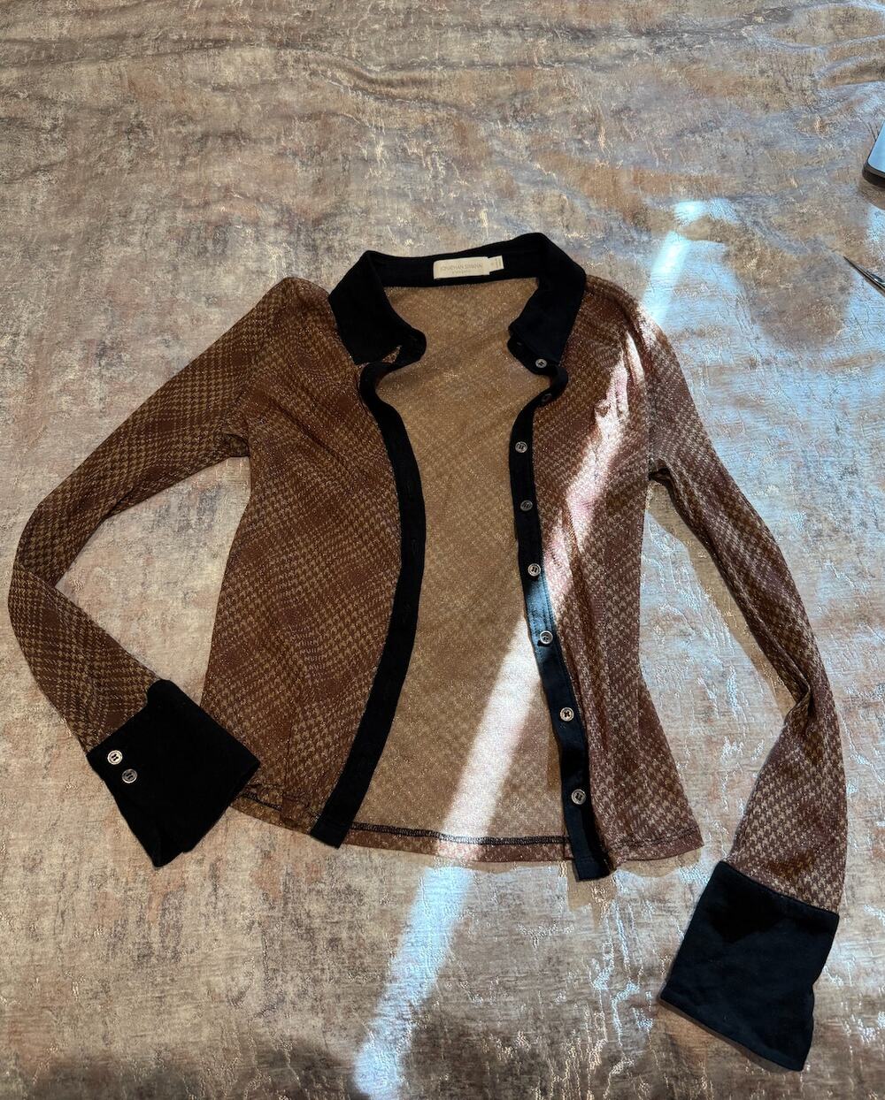 Jonathan Simkhai Standard Houndstooth Mesh Button Top | Black Collar & Cuffs | S